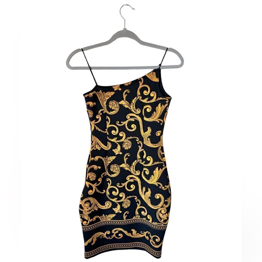 Guess Jenny Mini Black Gold Dress Gilded Printed Bodycon Size XS - Picture 4 of 10